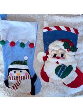 Vintage Hand Crafted Stockings Santa Face Bucilla Gallery Kit & Penguin Bundle